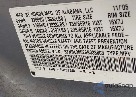 2006 Honda Odyssey Ex-L from USA, damaged, VIN 5FNRL38626B038803